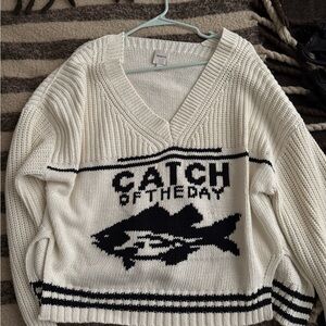Maeve V-Neck Sweater with Fish Graphic